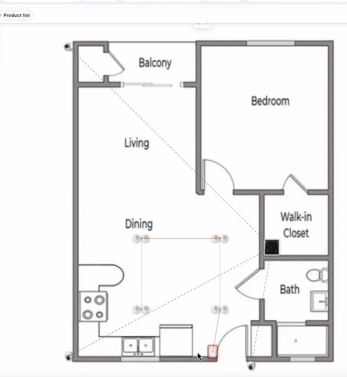 A floor plan marked up with downlights, switches and powerpoints in robot Plan