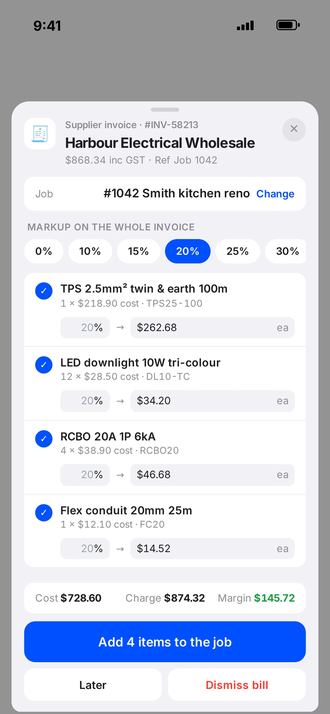 A supplier bill matched to a job in the robot app with Extras or Included buttons
