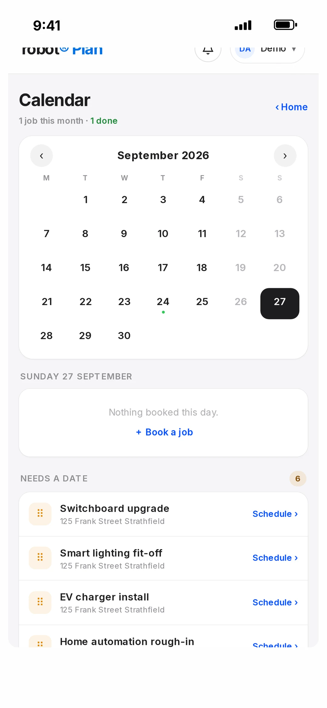The crew calendar in the robot app showing a customer’s online booking landing on a free slot