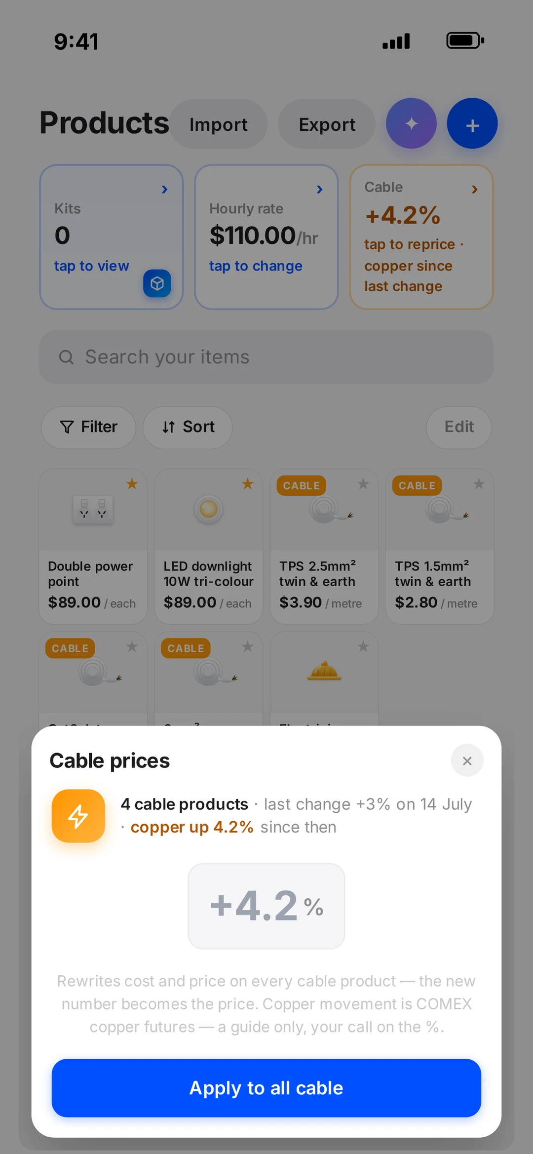 Copper price tracker in the robot app with a one-tap cable price adjustment