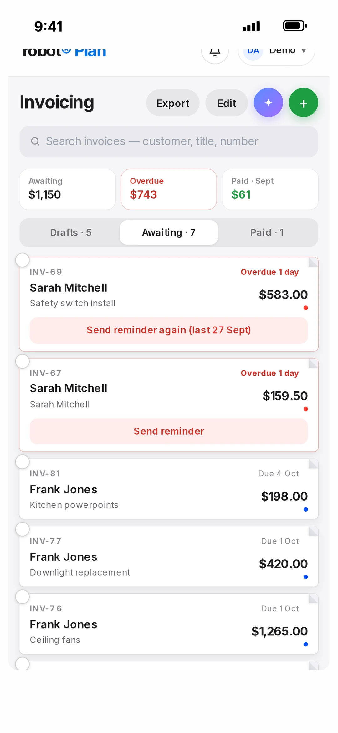 Deposit invoice created from the payment schedule after a quote is accepted