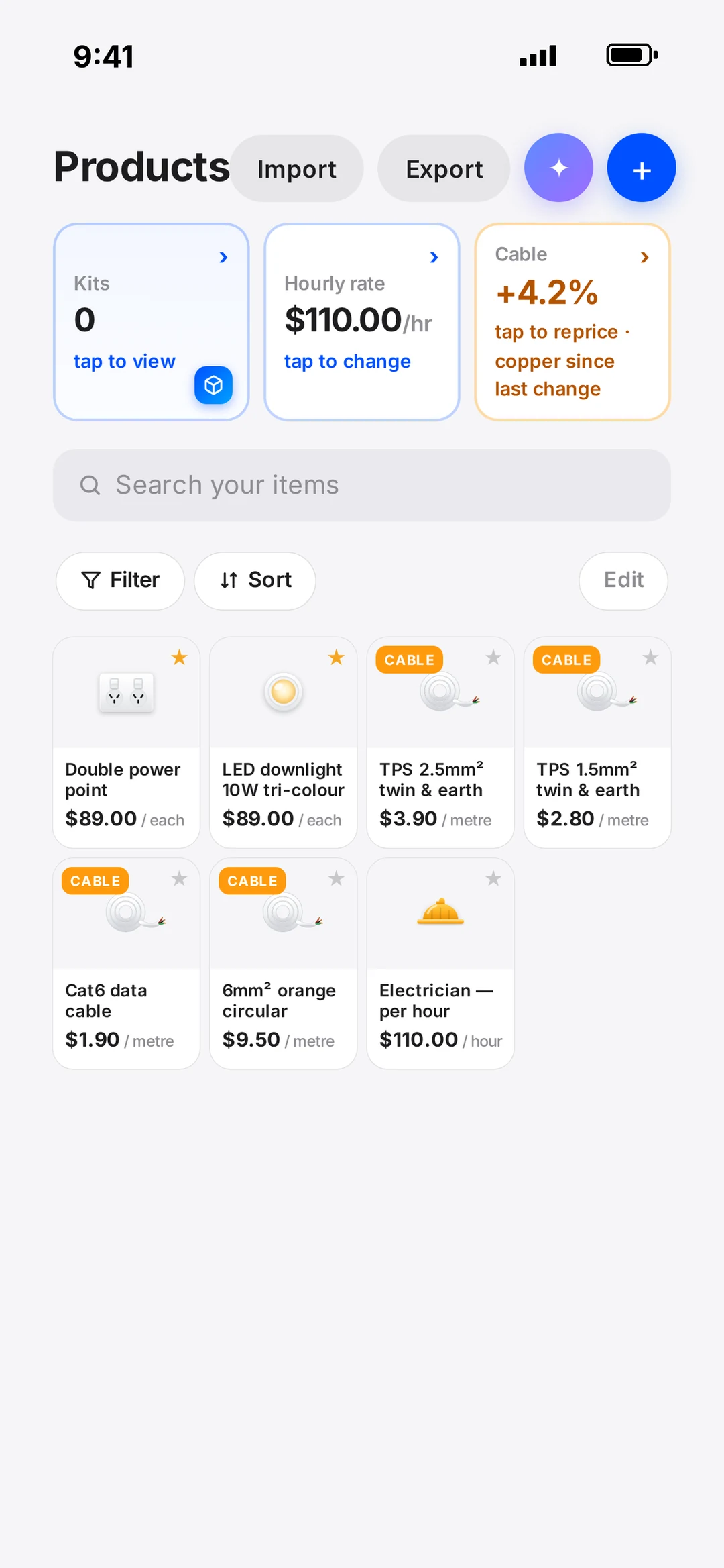 The robot quote builder on a phone, with the price book open
