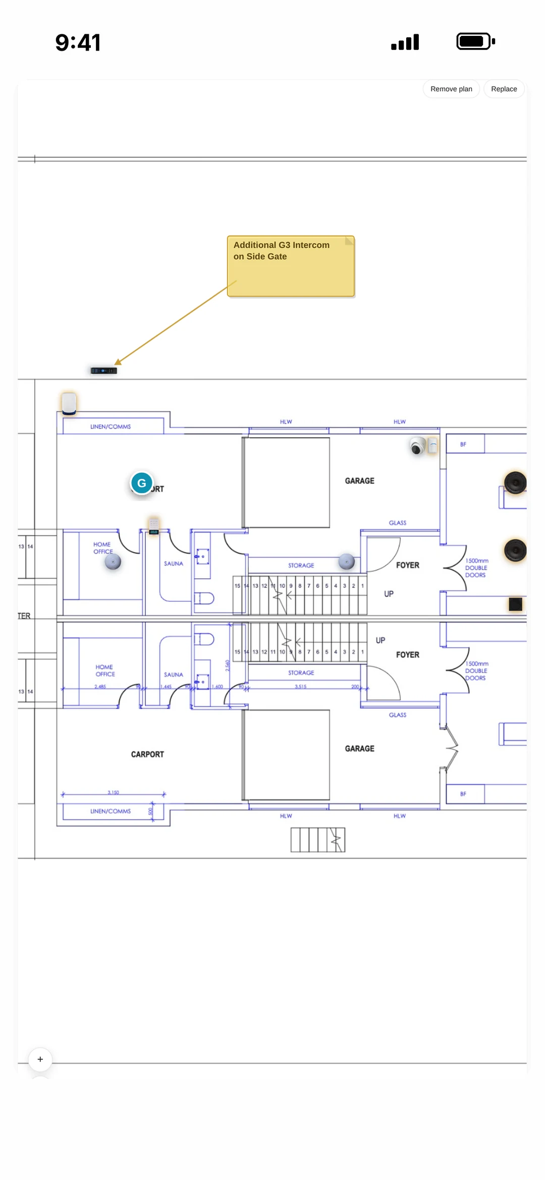 A floor plan in robot Plan with downlights, switches and powerpoints placed on it